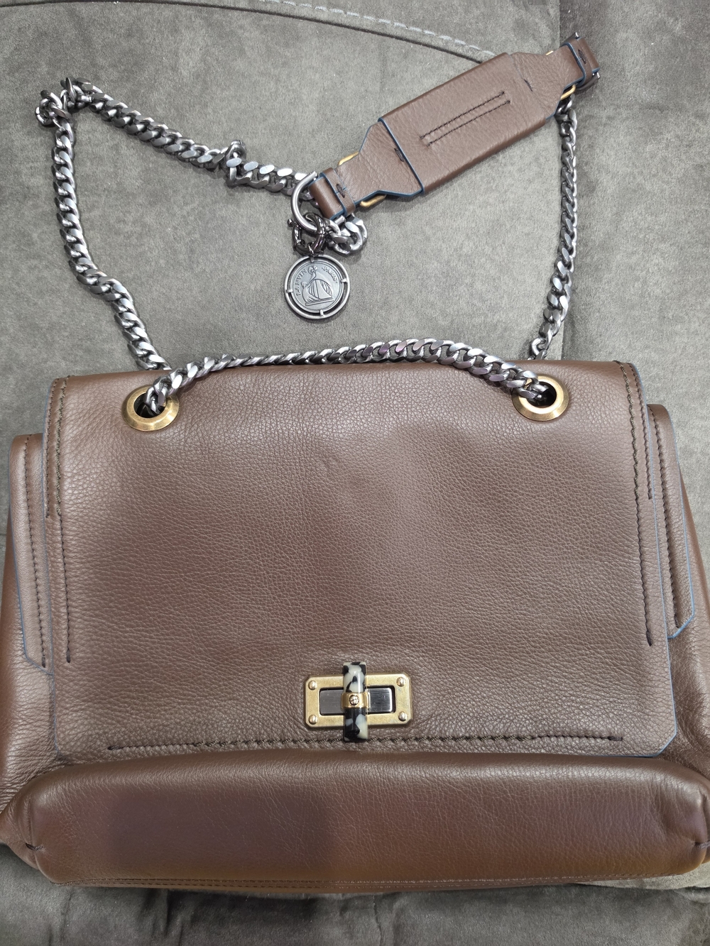 LANVIN Brown Leather Shoulder Bag with Chain Strap